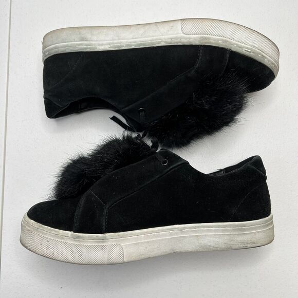 Sam Edelman Size 10 Shoes Leya Black Velvet Faux Fur Pom Pom Slip-On Women's - Picture 3 of 11